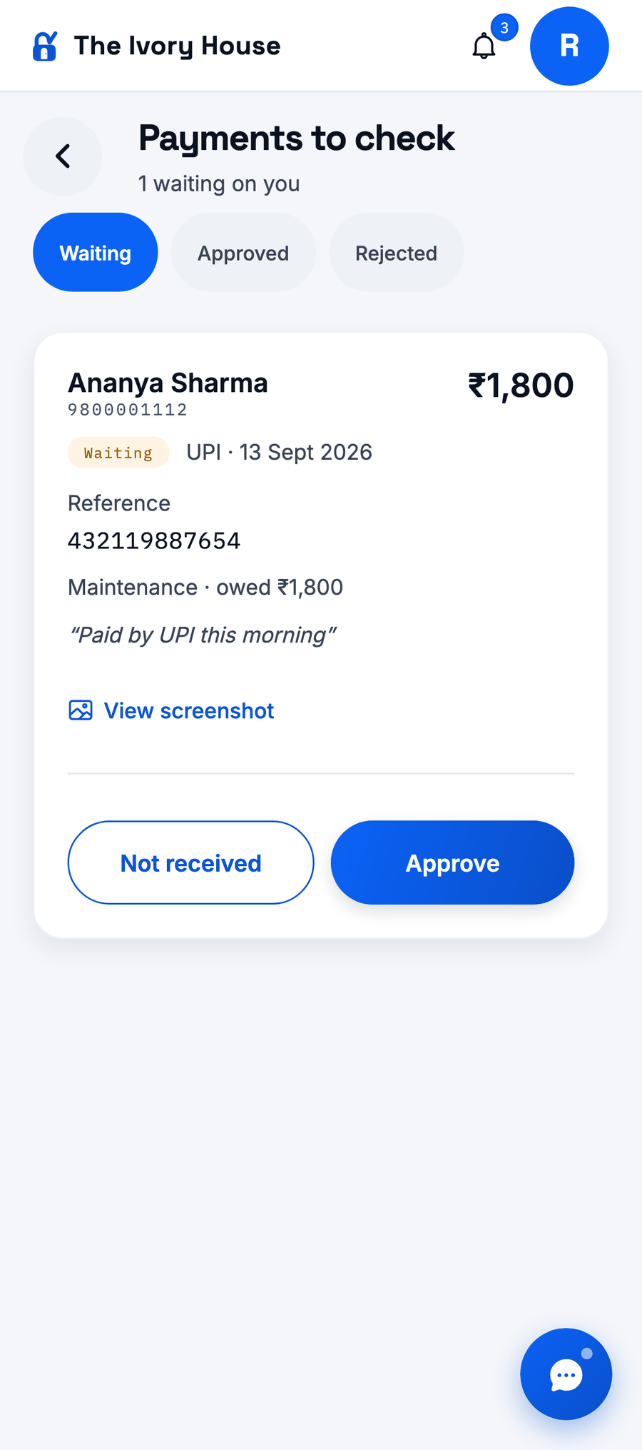 The payments to check screen: a resident's UPI payment of ₹1,800 waiting on the manager, with its reference number, the due it belongs to, a link to the screenshot, and Approve and Not received buttons.