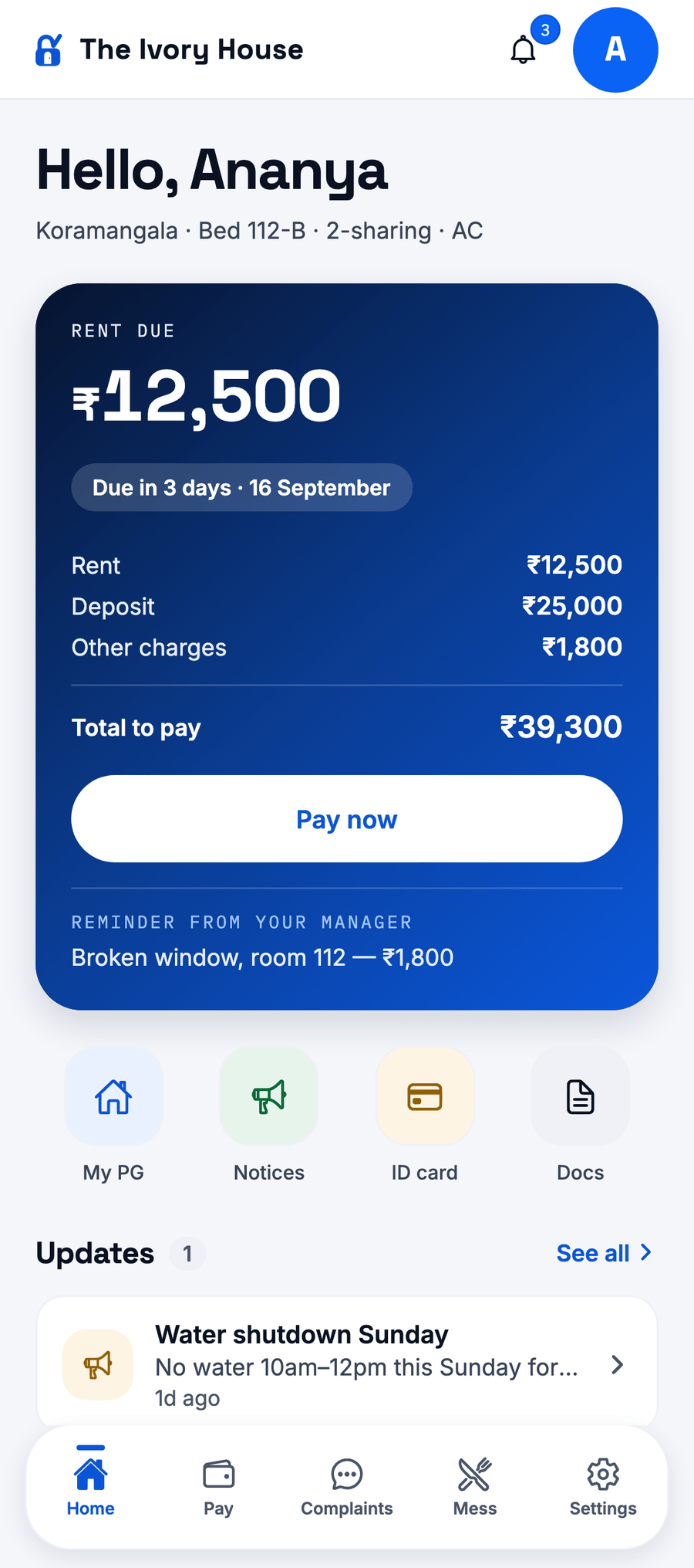 The resident's home screen: ₹12,500 rent due in three days with a Pay now button, plus shortcuts to their PG, documents, notices and requests.